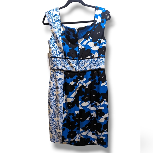 Maggy London Blue Black White Floral Sleeveless Sheath Knee Length Dress- 8/M - Picture 4 of 11